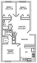 Floor plan for 3 beds, 2 baths, 1349 sqft